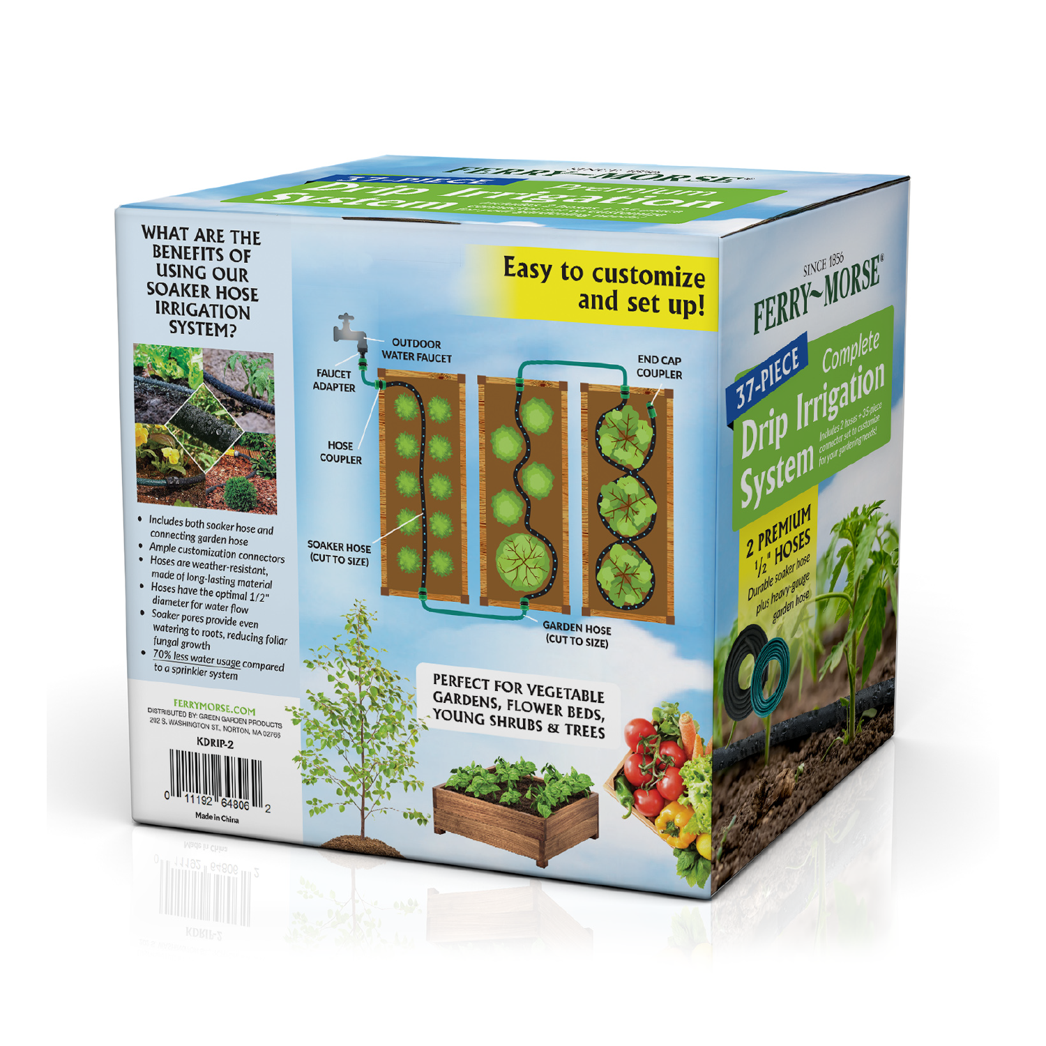 Packaging for Ferry-Morse Drip Hose & Irrigation System Kit featuring the product components and an image of a garden being watered.